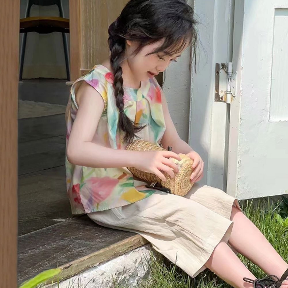 GONDANGSTORE Setelan Anak Perempuan Gaya Korea Setelan Anak Atasan Tanpa Lengan Set Musim Panas Yang