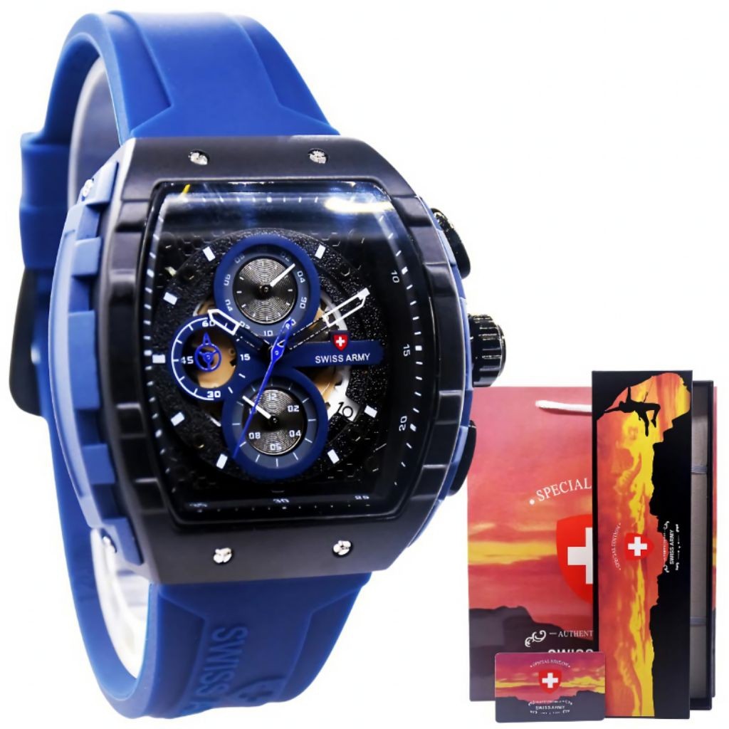Garansi 1 Tahun - Jam Tangan Pria Sport Swiss Army Tali Rubber Body Segi Tebal Chrono & Tanggal Akti