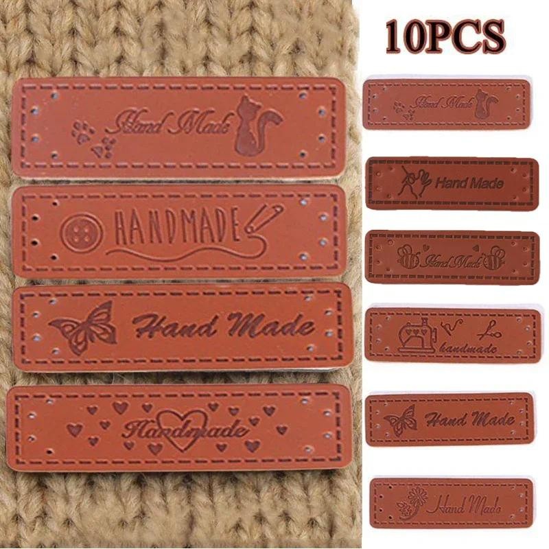 

10Pcs PU Leather Tag For Clothes Bag Shoes Cartoon Handmade Label DIY Garment Label Hand Made Pattern Sewing Accessories