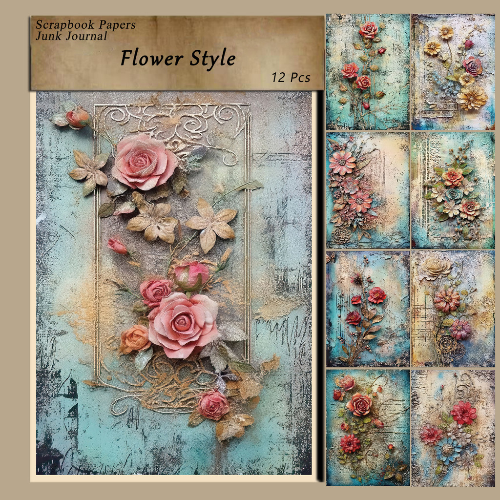 

12 Sheets Vintage Flower Scrapbook Paper Retor Flower Theme For Craft Paper, Junk Journal Paper, DIY Card Making
