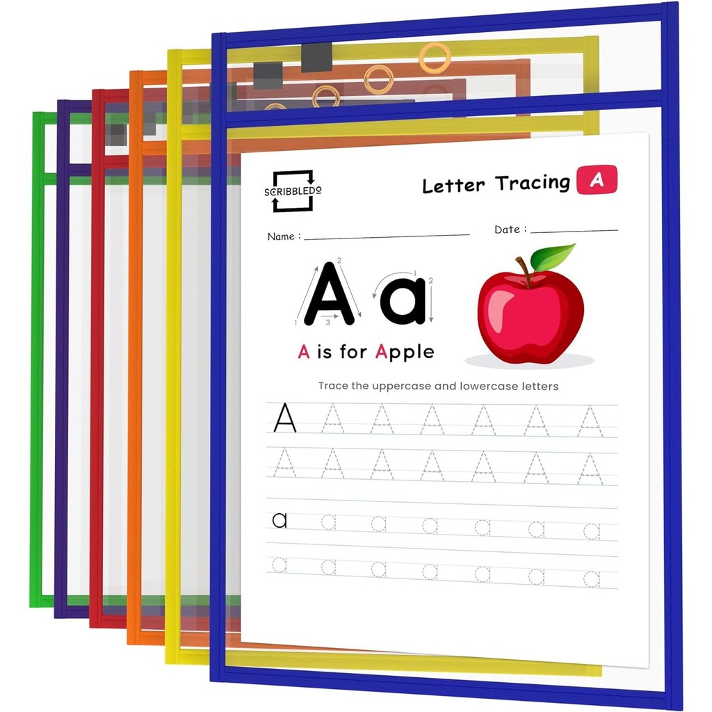 

6 Pack Reusable Dry Erase Pockets Sleeves with Marker Holder Colorful Dry Erase Pocket Sleeves for School Office Sheet Protector