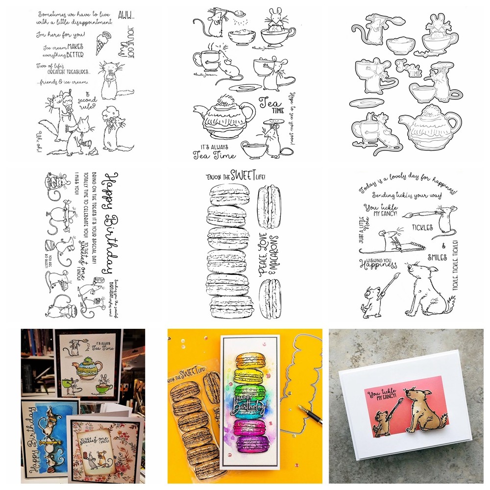 

Macaron Clear Stamps and Cutting Dies Mouse Dog Teapot Silicone Transparent Stamps For DIY Scrapbooking Album Card Making Decora