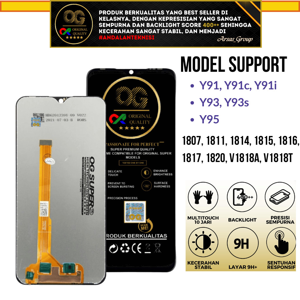 LCD TS HP OG Super Vivo 1807, 1811, 1814, 1815, 1816, 1817, 1820, V1818A, Y91c, Y91, Y93, Y93s, Y95