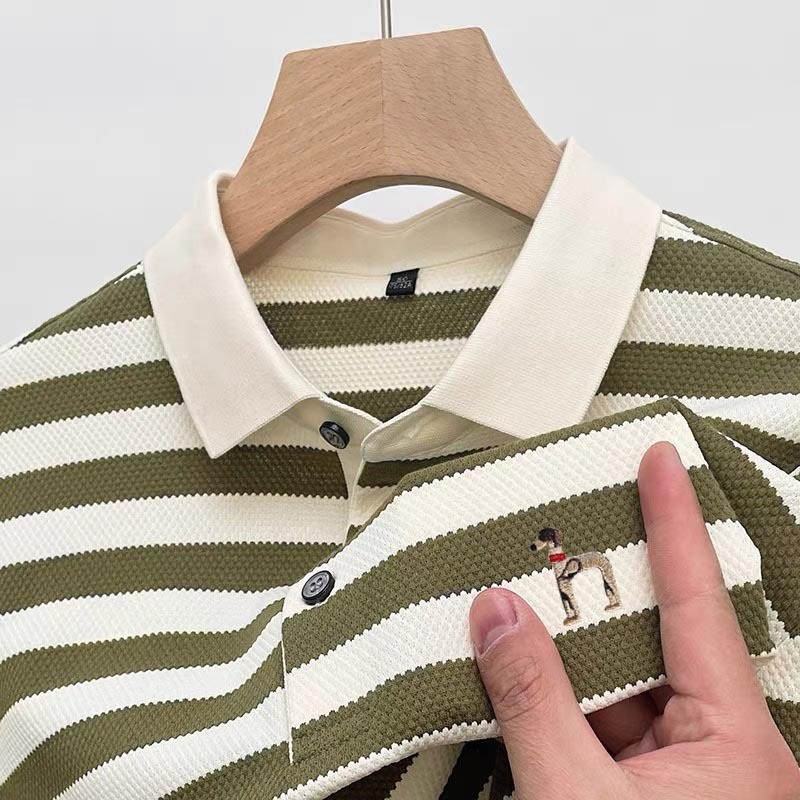 AXULE Polo Shirt Pria Kemeja Pria Garis-Garis Pola Hitam Putih Kaos Kerah Pria Bordir tangan