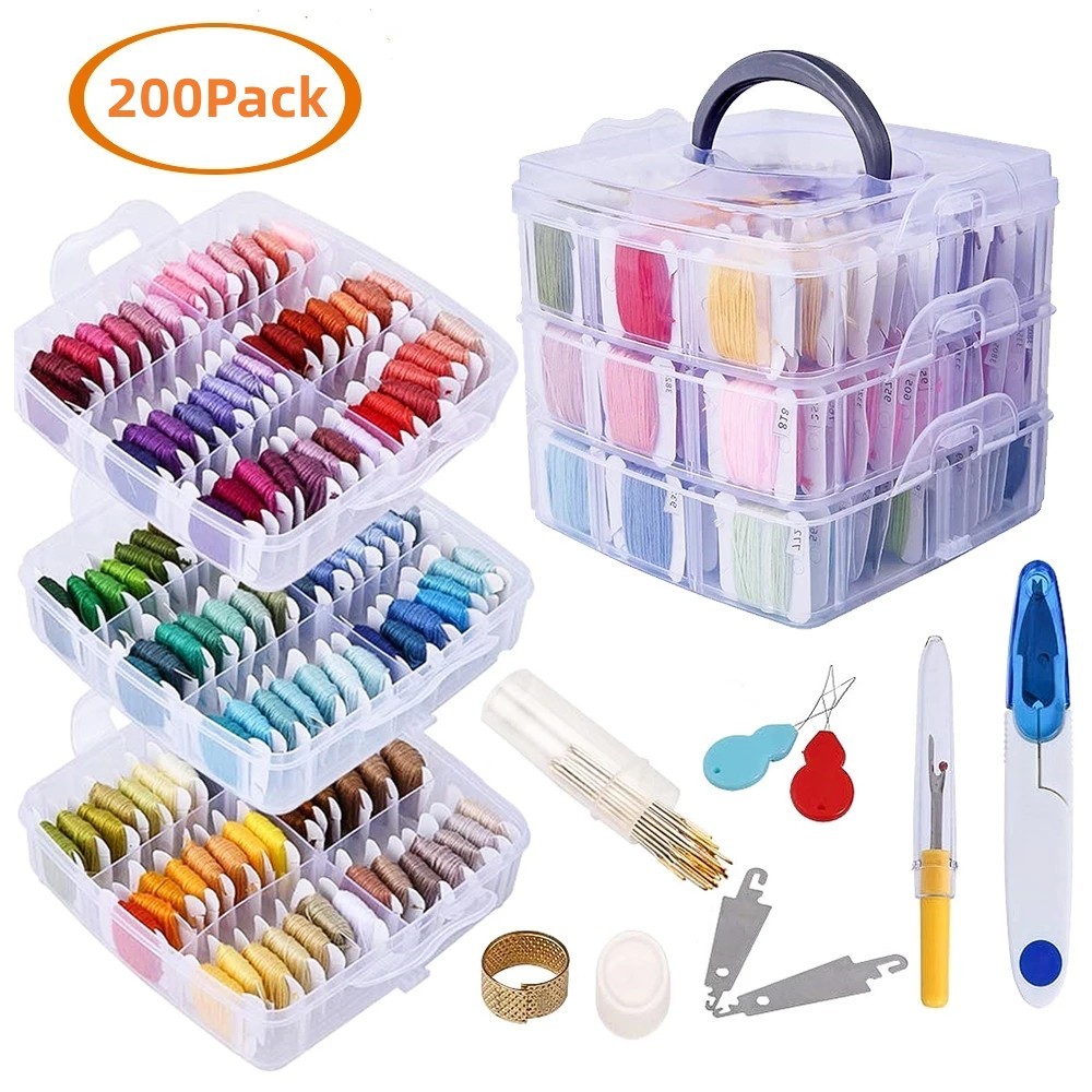 

Embroidery Kit Floss Set Including 150 Colors Threads with 3-Tier Transparent Storage Box Cross Stitch Tools