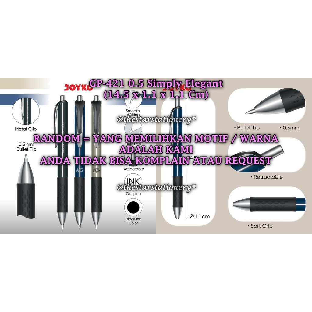 

(1 Biji) GROSIR Gelpen JOYKO GP-421 Simply Elegant 0.5 mm Black / Bolpen Joyko GP-421 (1 Biji)