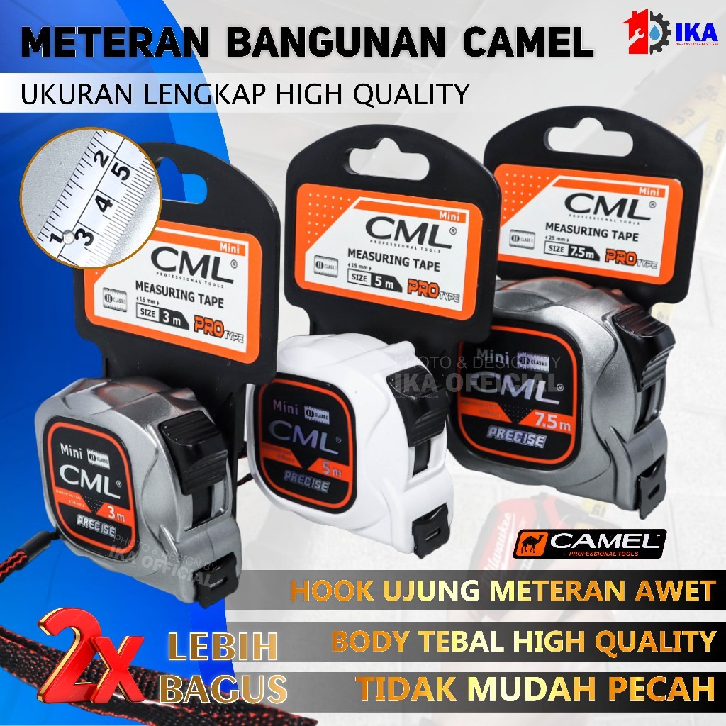Meteran Tukang / Measuring Tape / Meteran Camel Mini Ukuran 3 Meter, 5 Meter, dan 7,5 Meter Meteran 
