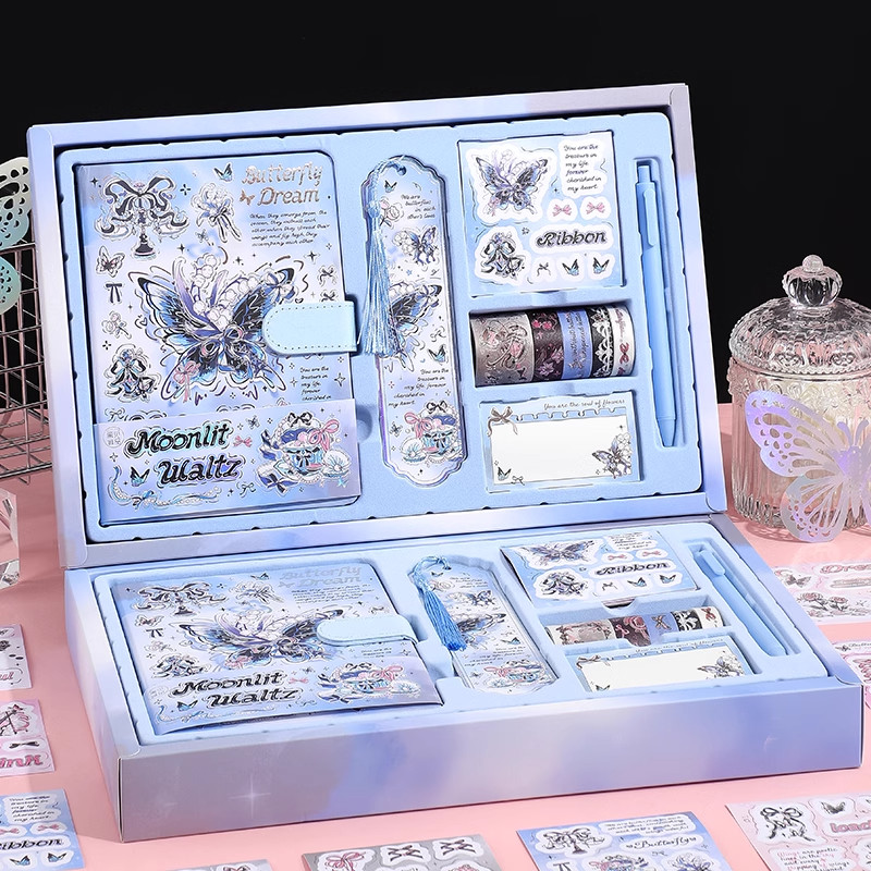 

The new butterfly gift box includes notebook stickers, bookmarks, sticky notes, pen tape, student office stationery gift set