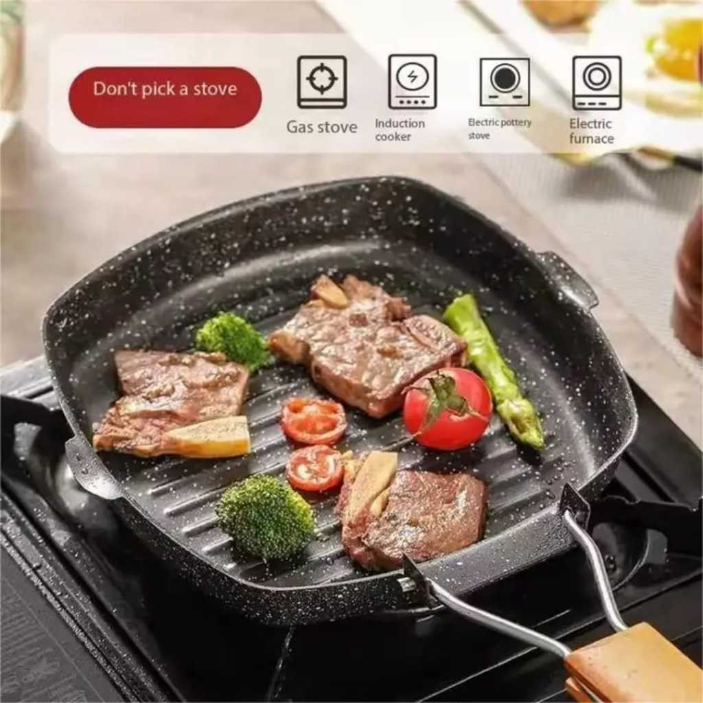 Panci Pemanggang Kotak 20cm Teflon Anti Lengket dengan Gagang Kayu