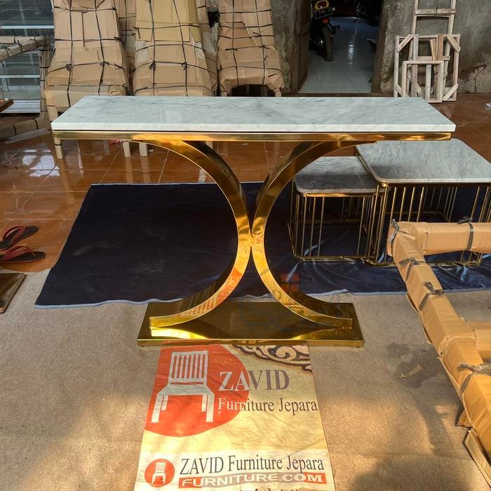 Meja Konsul , Console Table Kaki Stainless Gold Marmer Crem Real Gamba