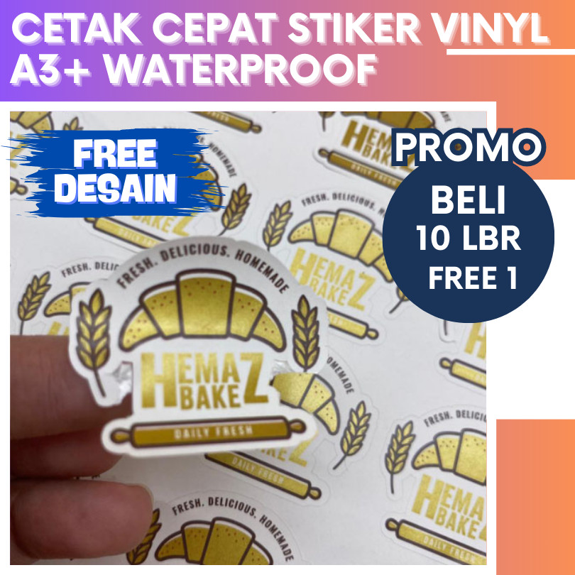 

Cetak Stiker Vinyl A3+ Custom Logo Murah Waterproof Anti Air Cutting Putus Die Cut Free Desain