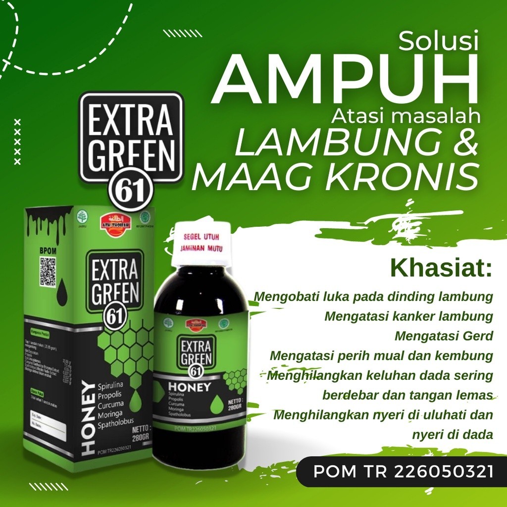 

Extra Green 61 Ath-Thoifah Madu Hijau Obat Maag Gerd Asam Lambung Kronis dan Pencernaan