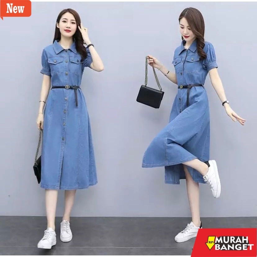 dress wanita kekinian DRESS JEANS WANITA LENGAN PENDEK / LONG  TUNIK JEANS WANITA LENGAN PENDEK  ( F