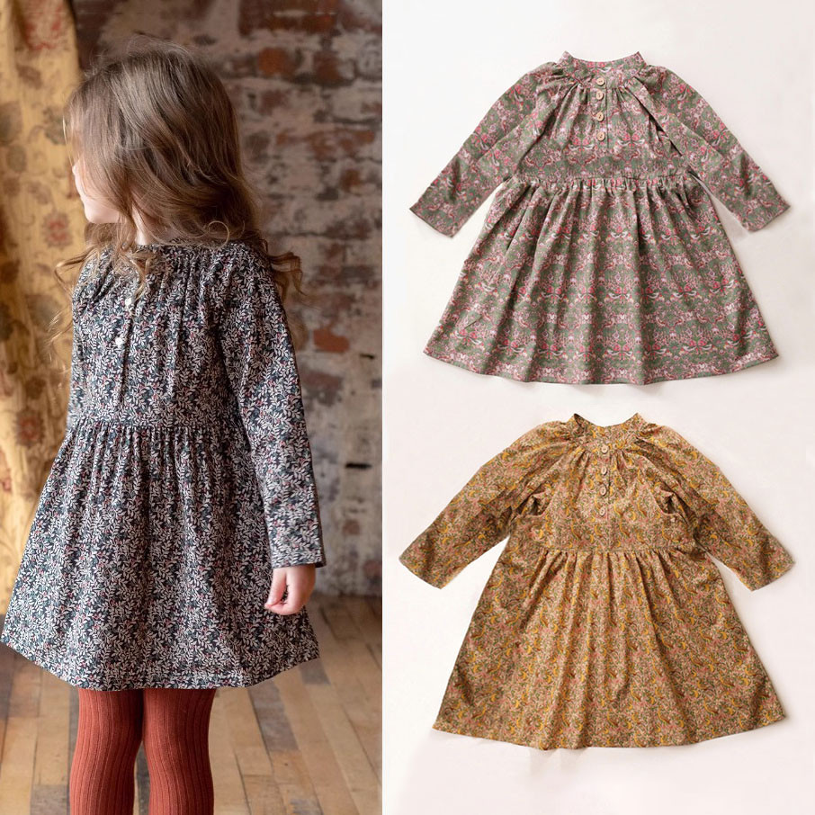 Vintage Floral Toddler Girl Dresses Cotton Linen Long Sleeve Dress Baby Girl Clothes for Spring Autu