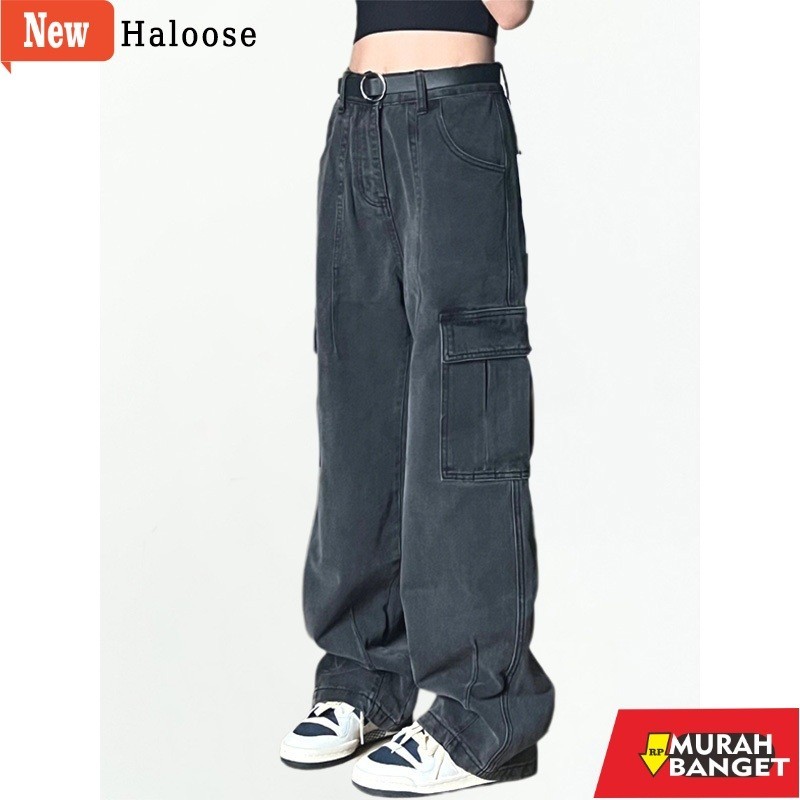 Celana panjang wanita terbaru- Haloose Overall Hitam Wanita Retro Celana jeans lebar longgar yang se