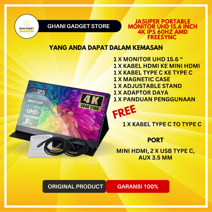Monitor Portable UHD 15.6 Inch Layar Portabel JASUPER 4K IPS 60Hz AMD FreeSync HDMI for PS4 PS5 XBox