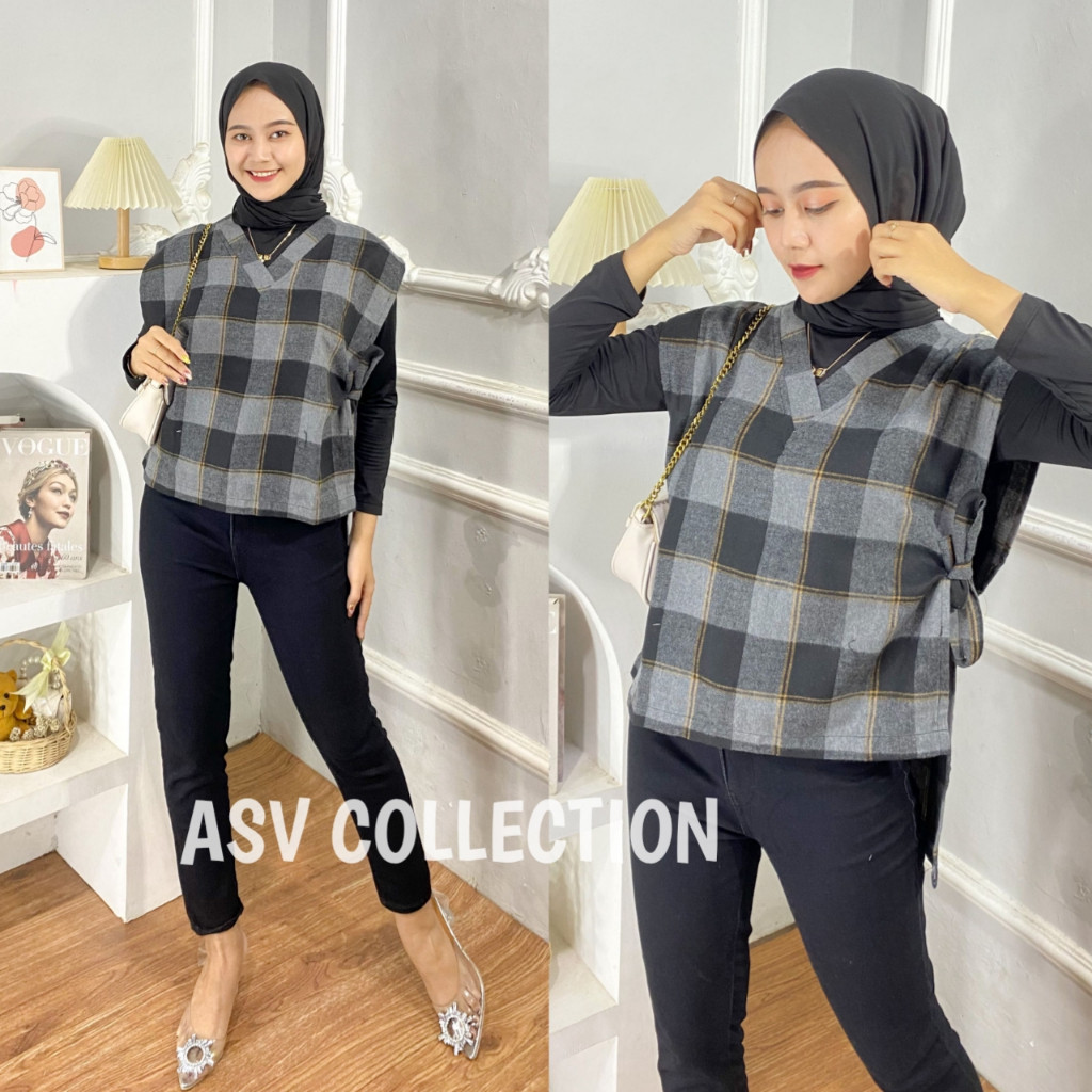 Vest Flanel Tali Samping Wanita / Korean Style Rompi Kotak Premium