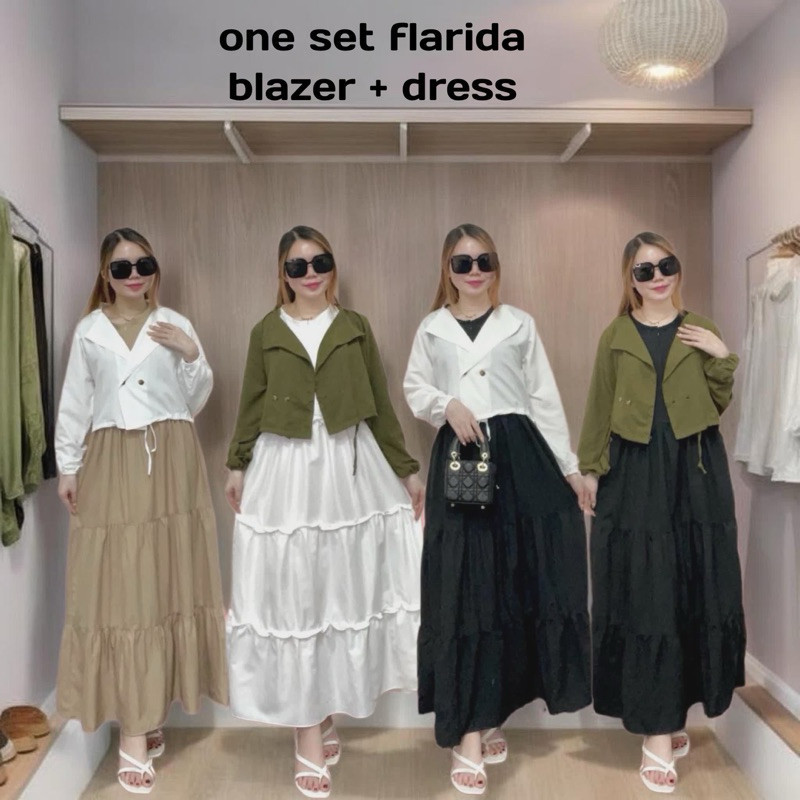 Weijia Fashion Baju Set Dress Wanita Kekinian / ONE SET FLARIDA DRESS COMBI BLAZER / Baju Lebaran Ca