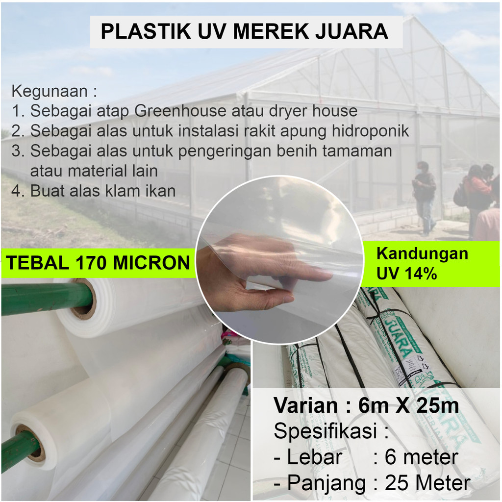 Plastik UV Lebar 6x25Meter Tebal 170 Micron Merek JUARA Untuk Atap Tanaman Greenhouse Hidroponik