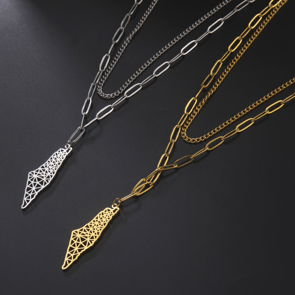 Hollow Israel Palestine Africa Map & Ankh Pendant Necklace Stainless Steel Egypt Symbol Cross Double