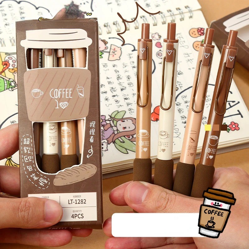 

4pcs Coffee Soft Bread Gel Black Color Ink for Writing Office School Supplies Pen Set 0.5mm Ballpoint