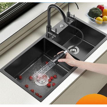 Wastafel 2 Lubang Black Bak cuci piring Set Lengkap Wastafel Dapur - Hitam