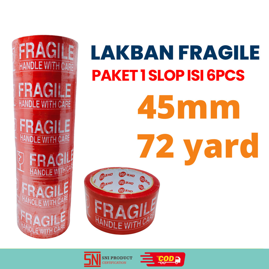 

Lakban FRAGILE Merah 45mm x 72 Yard PAKET 1 SLOP 6pcs Tape Jangan dibanting