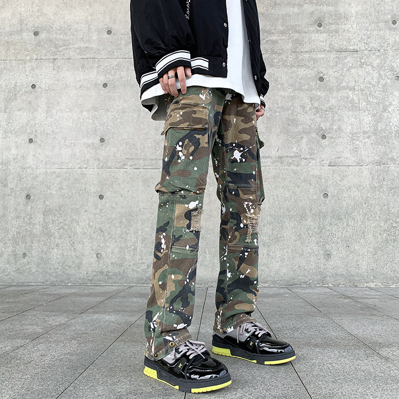 Military Design Camoflage Pants Men Damaged Hand-painted Side Pockets Trousers Male's Baggy Jeans Y2