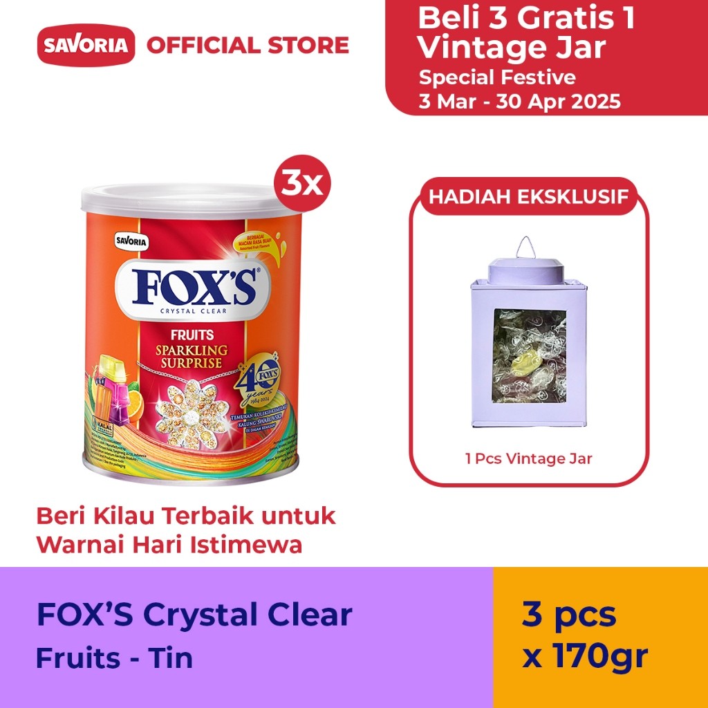 

FOX'S Fruit Sparkling Surprise Tin - 3 Pcs x 170g Gratis 1 Vintage Jar