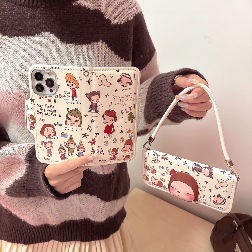 Yoshitomo Nara Rope Card Holder PU Filp Cover untuk Apple iPhone 16 15 14 13 Pro Max Shockproof Case