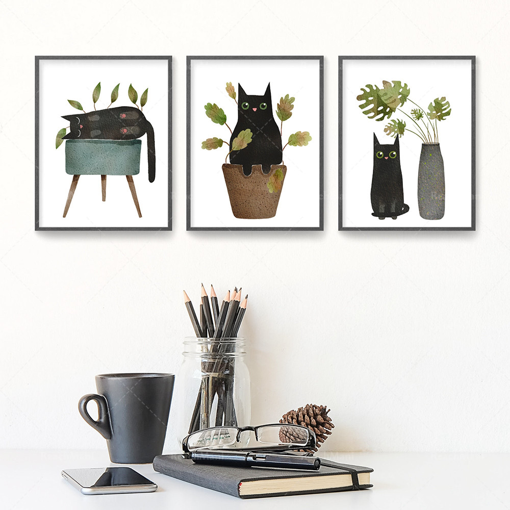 

funny cat prints, cat lover gifts, watercolor animals, black cat houseplants, botanical posters, home decor gifts