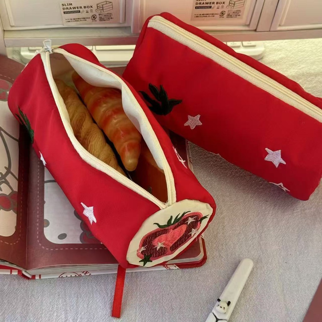 

Red Apple Embroidery Star Pencil Case Cute Student Stationery Organizer Large Capacity Pen Holder