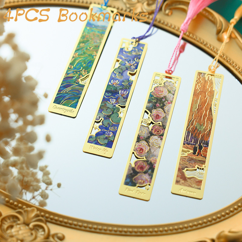 

4PCS Vintage Painting Metal Bookmark Hollow Bookmark With Long Tassel For Book Club Readers Friends Teaers Students