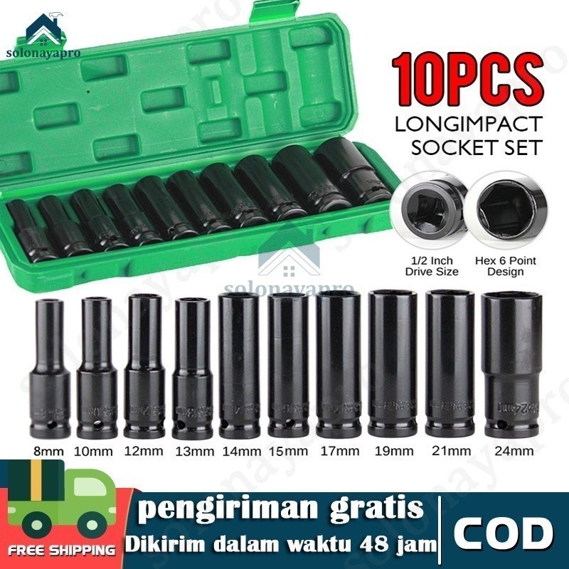 Mata sok impact full set 10pcs 1/2 inch/mata kunci shock impact Panjang cr-mo 8 10 12 14 16 18 20 22