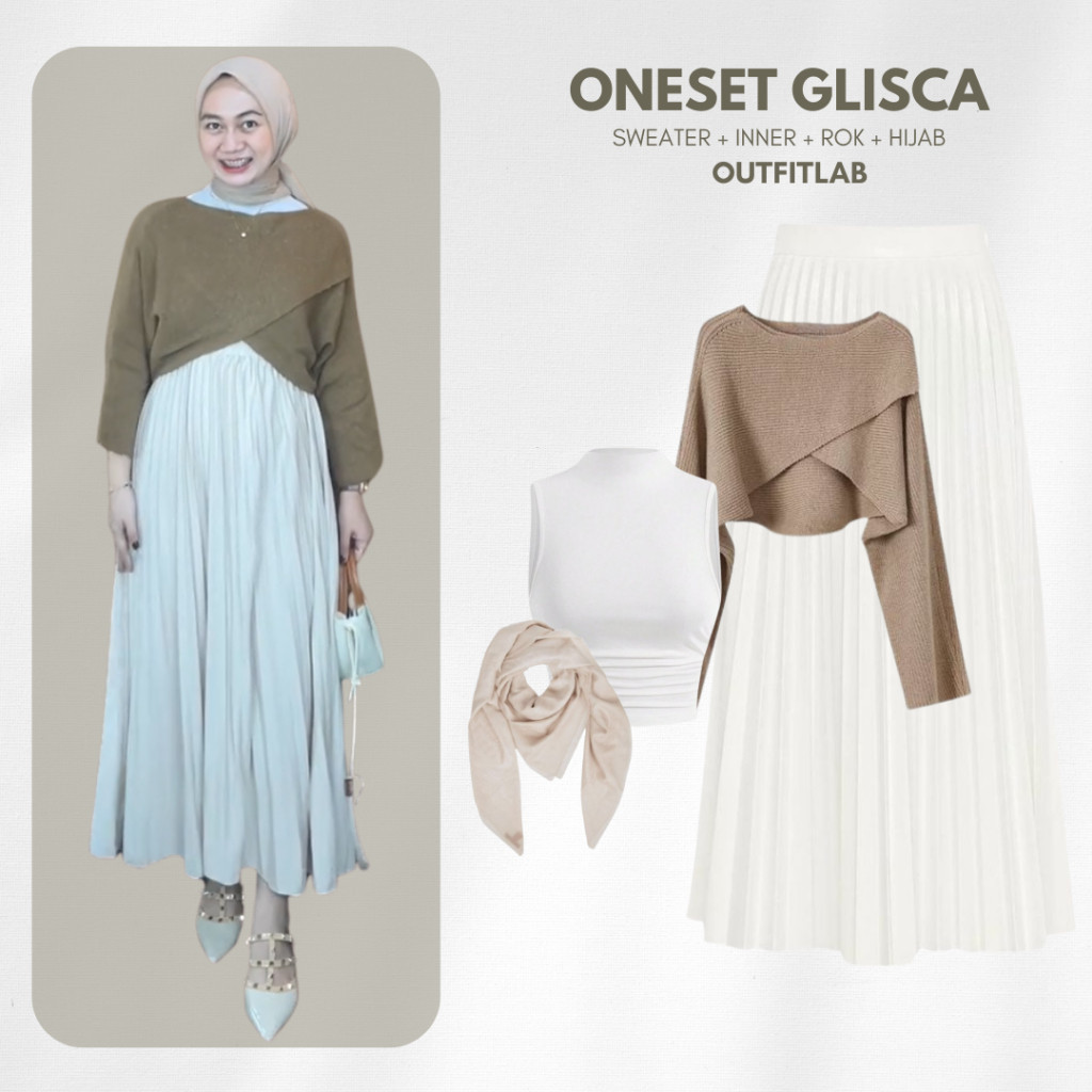 Outfit Set Glisca Setelan Hangout ( Sweater + Inner + Rok + Hijab ) One Set OOTD Hijab Wanita Korea