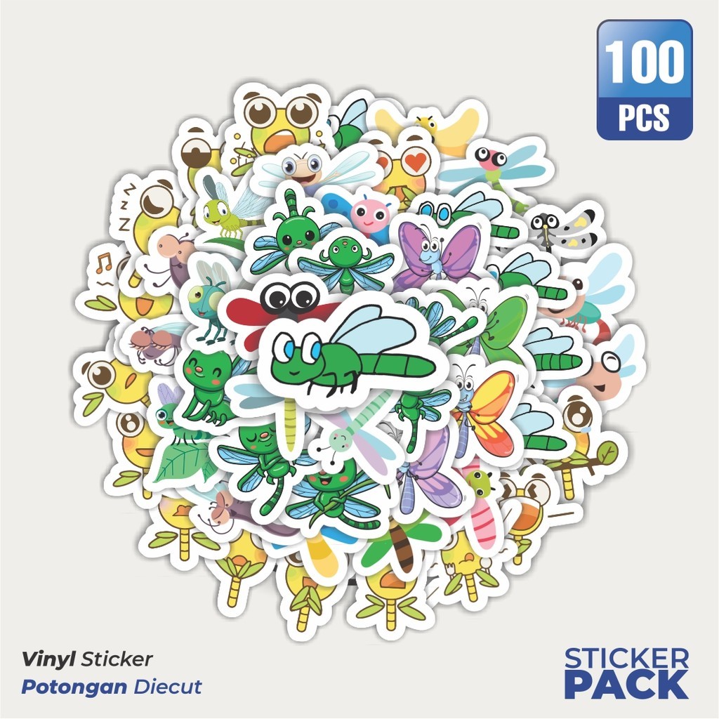 

100 PCS STIKER Hewan Capung Waterproof Aesthetic- Untuk Laptop, Motor, dan Helm - Paper Stationery Pack