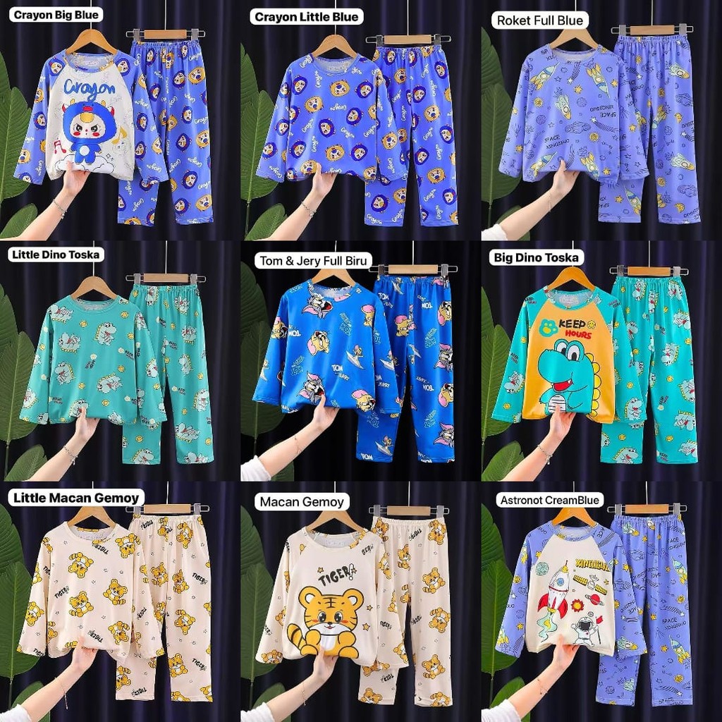 Piyama/Baju Tidur Anak Laki-Laki Usia 4-15 Tahun Motif Macan Gemoy, Astronot, Roket, Tom & Jerry Bah
