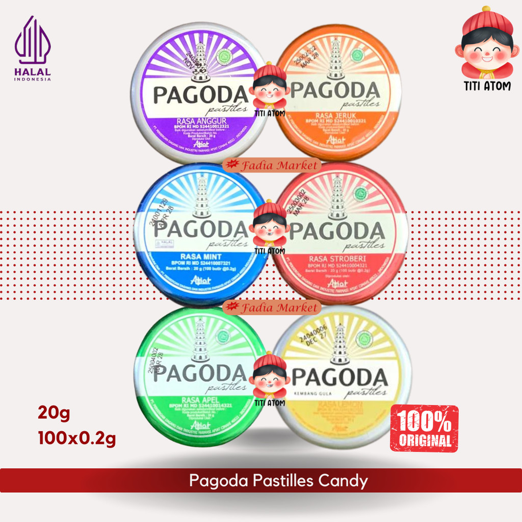 

Pagoda Pastilles Permen Kayu Putih Kaleng Orange Jeruk Grape Anggur Lemon Mint Strawberry Apple Apel 100 Butir 20g 100x0.2g