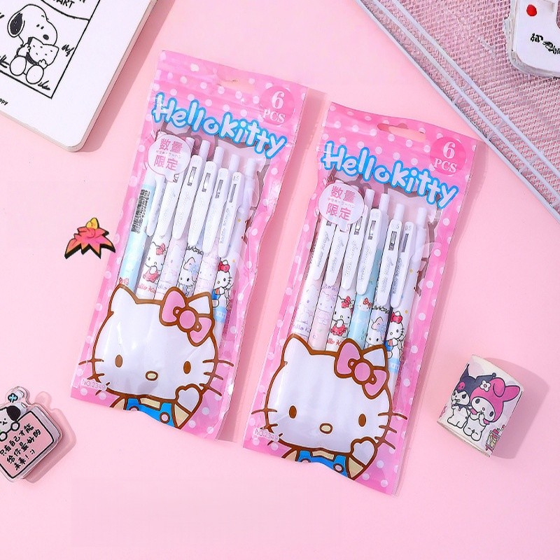 

6 Pcs/Set Sanrio Hello Kitty Limited Quality Gel Pen Cartoon 0.5mm Black Quick Dry Pen Learning Office Stationery