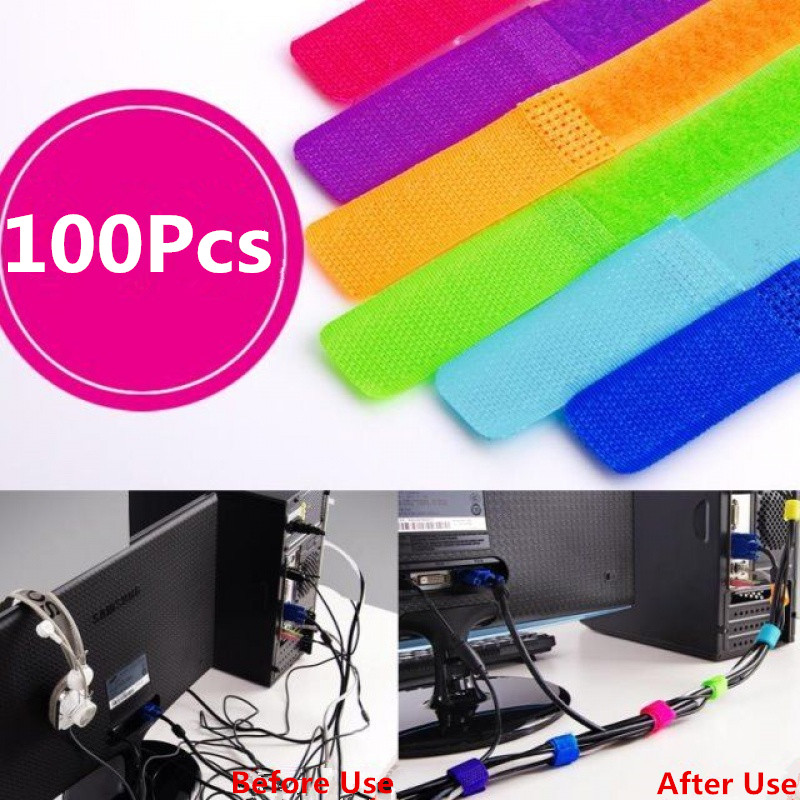 

100Pcs Multicolor Fastener Reusable Magic Tape Power Wire Loop Tape Nylon Cable Ties 2*17.5cm