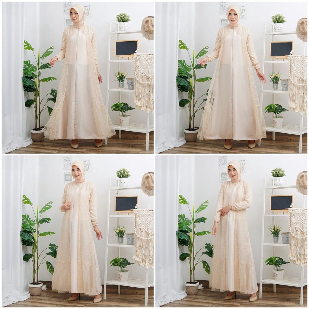 Haliya Tile Dotty Gamis Dress Mosscrepe Mix Tille Dot Maxi Dres Muslim Lebaran Pesta Kondangan Murah