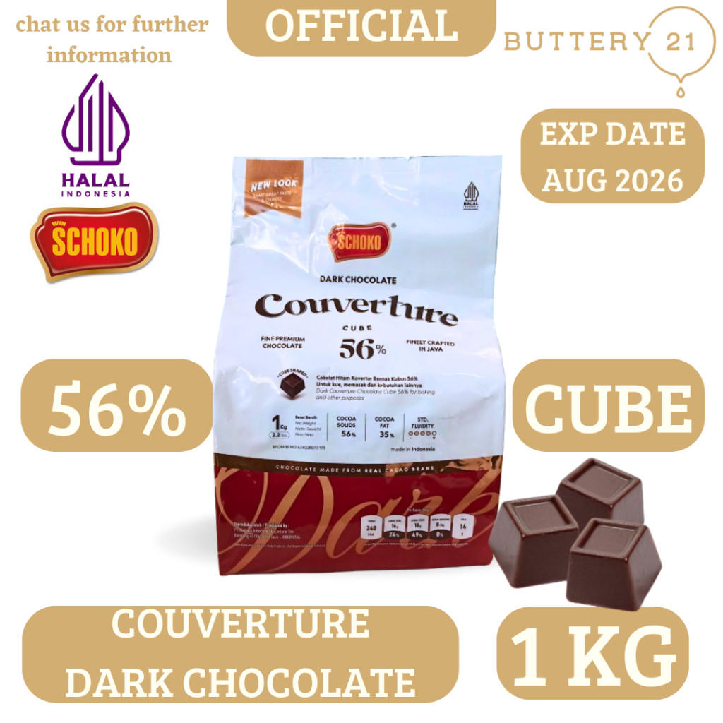 

SCHOKO DARK CHOCOLATE COUVERTURE 56% CUBE 1 KG/COKELAT HITAM KUBUS/COKELAT KUBIK