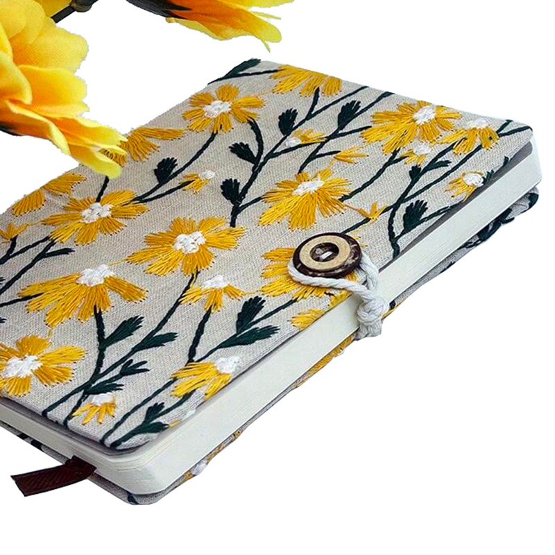 

A6 Embroidery Flower Notebook 200 Pages Portable Handbook with Button Student Diary High-Value Simple Notebook for Students