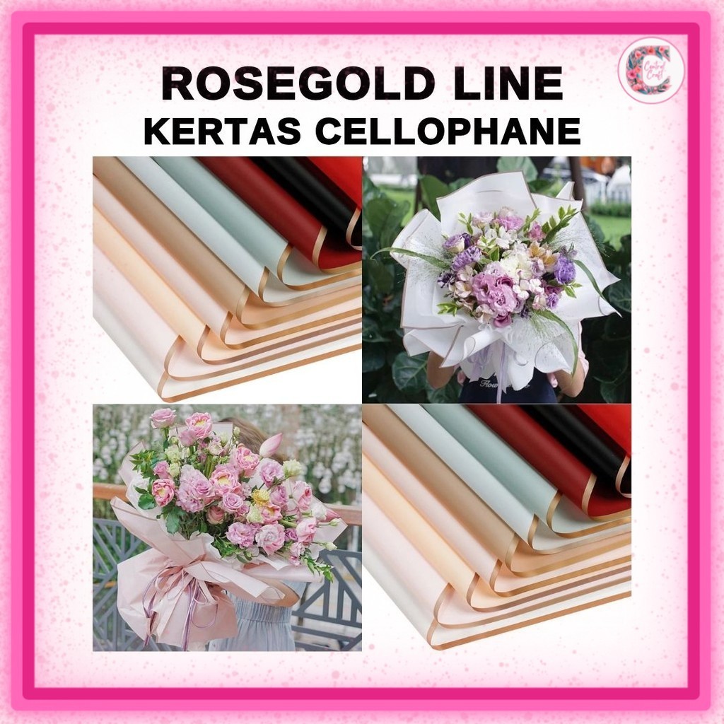 

(20 LEMBAR) Kertas Cellophane Buket Bunga - TRANSPARAN ROSEGOLD LINE - Flower Wrapping Paper