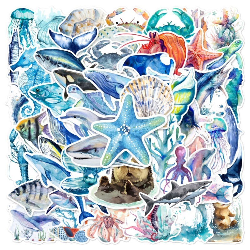 

10/25/50pcs Hand Drawing Ocean World Stickers Sea Fish Graffiti for Phone Laptop Guitar Travel Luggage Skateboard Car DIY