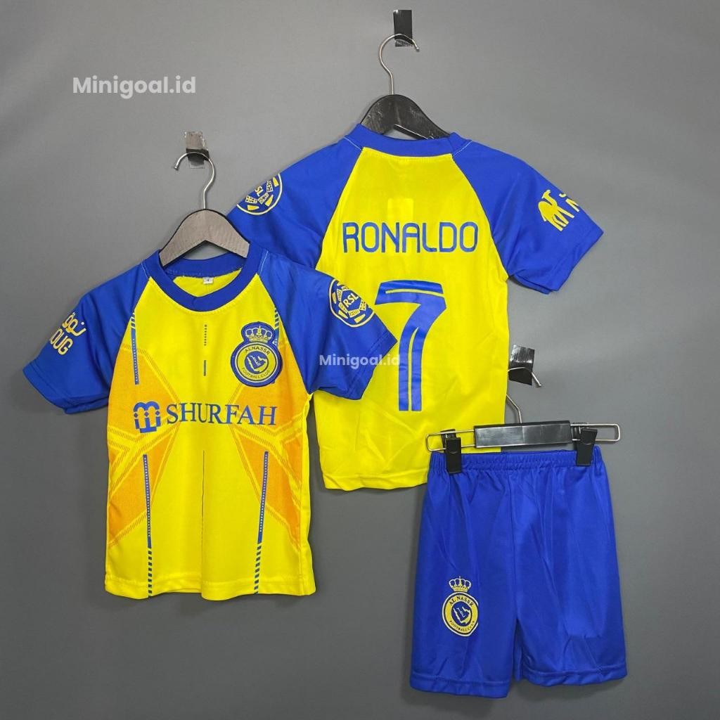 Jersey Bola Anak Motif AL Nassr - Baju Bola Anak Usia 6 Bulan s/d 15 Tahun | Kuning Biru Keren