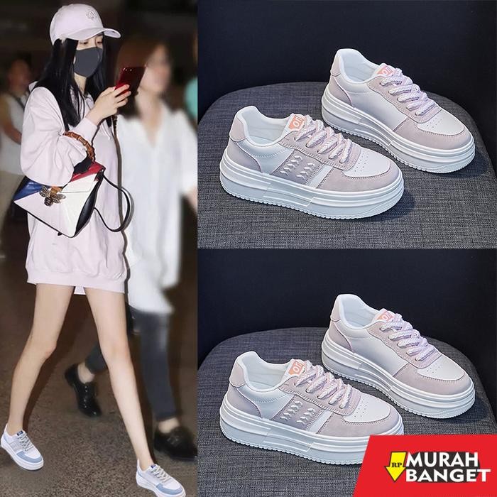 DENDEN Sepatu Sneakers Wanita Import Tinggi karet sneaker casual shoes Olahraga Putih - Putih Pink, 