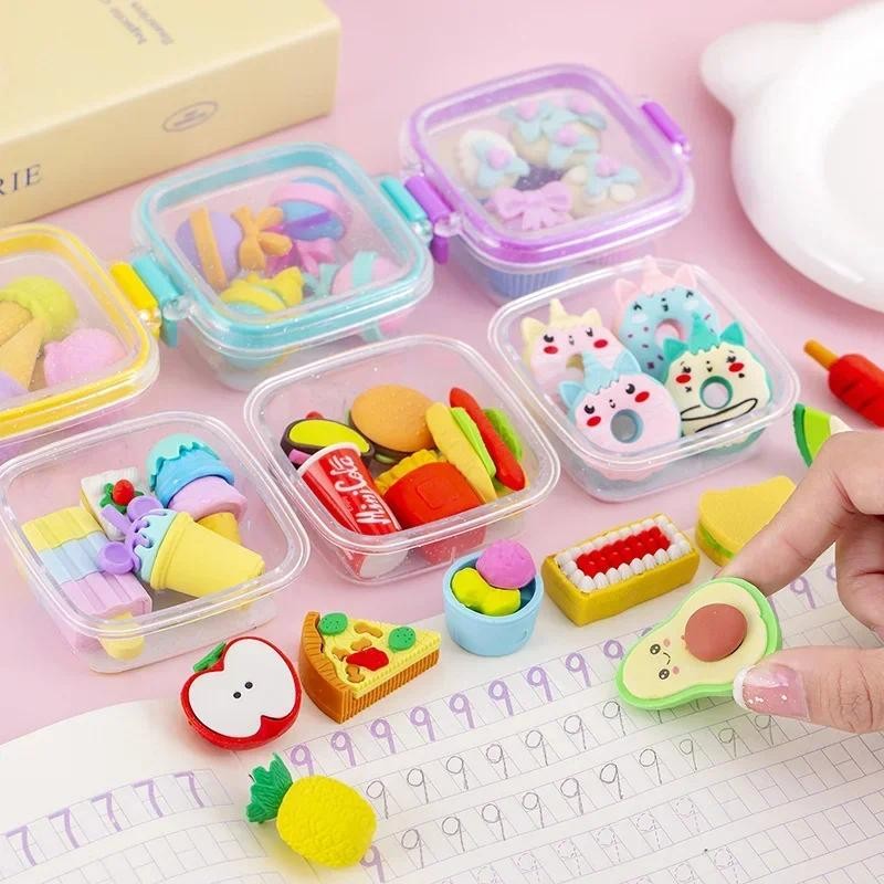

QIANKONG Cute Bento Box Dessert Eraser Set Rubber for Kids Korean Stationery Kids School Supplies Cute Stationery