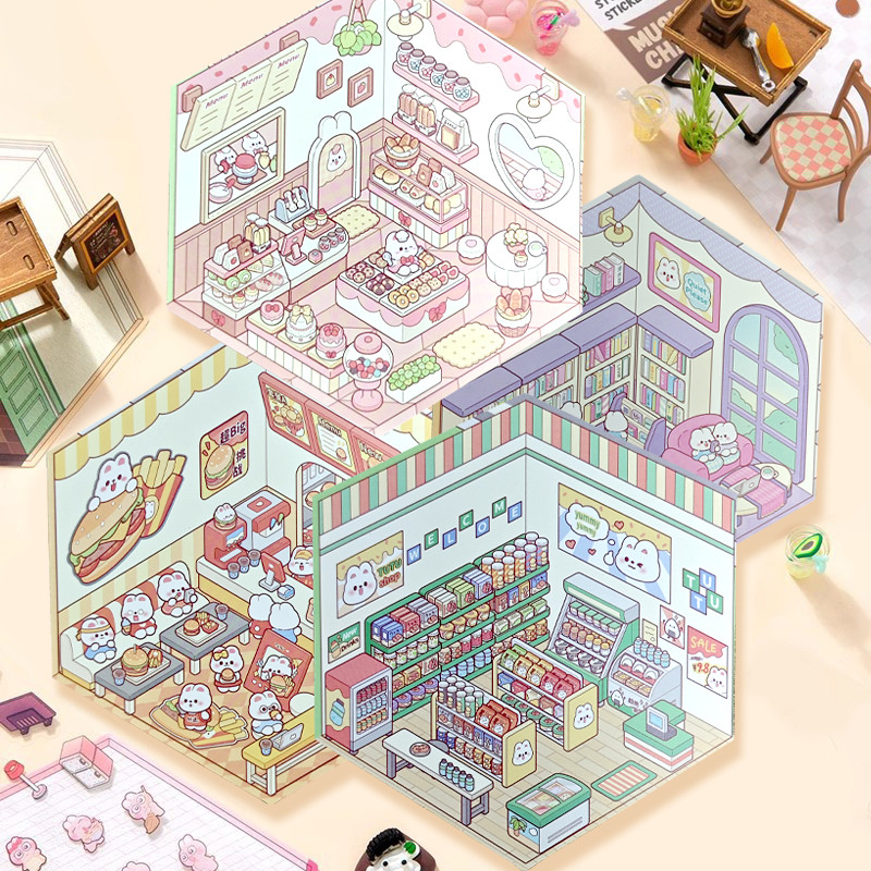 

Cute Cartoon Rabbit Stickers 3D Landscape Scene Sticker Toys Child Micro Scene No Cut Sticker Girl Birthday Present Sticker Toys