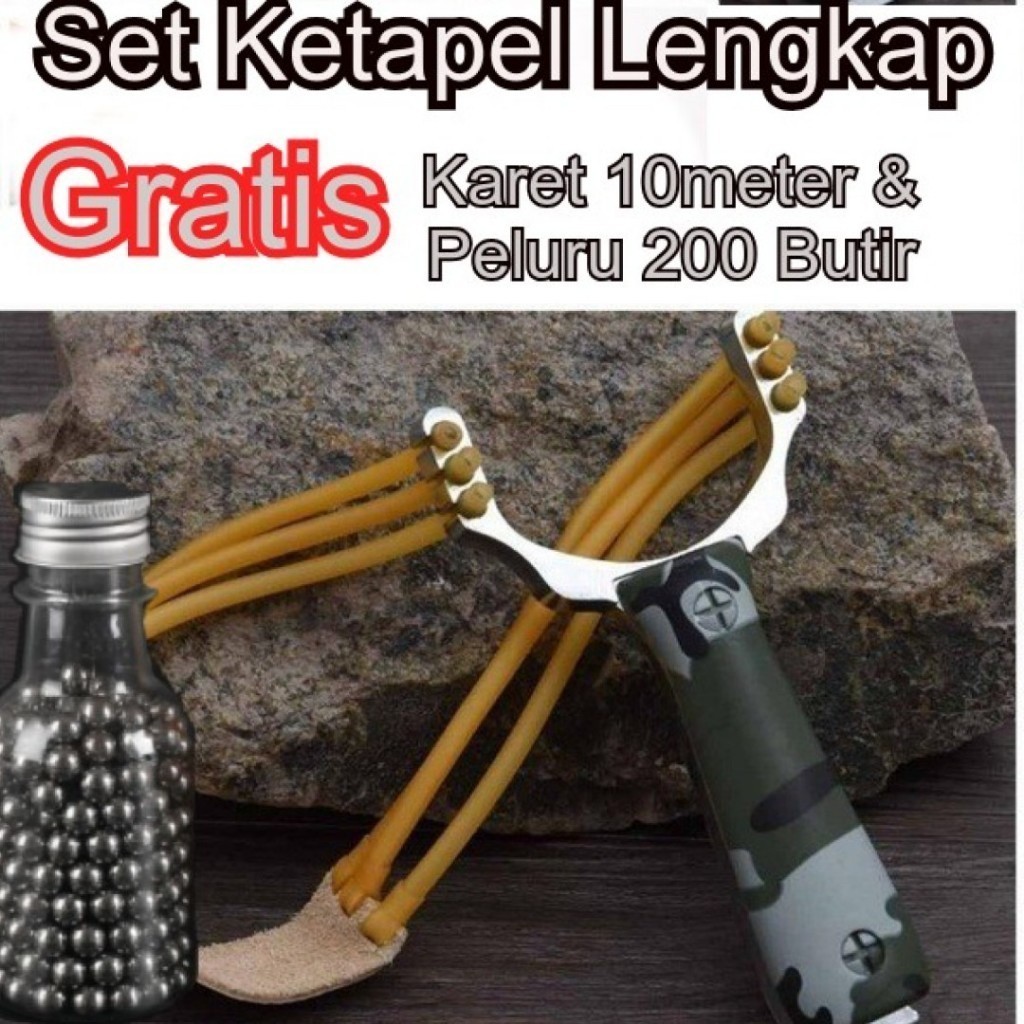 Ketapel + Gotri 200 Butir + 5 Meter Karet Cadangan | Ketapel Berburu Taktis – Desain Loreng & Daya T